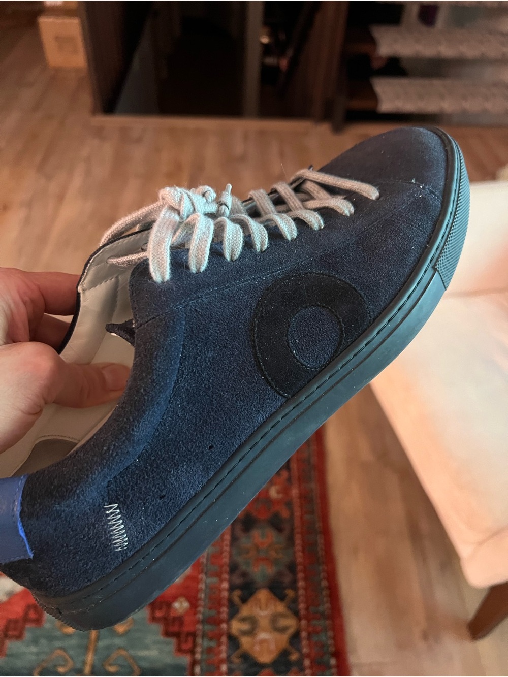 Oliver Cabell Navy Suede Low-Top Sneaker with Light Gray Laces